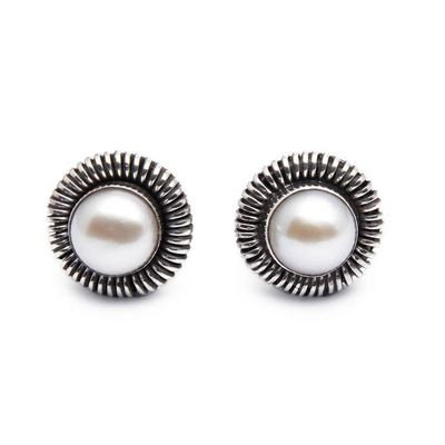 Alternate image for Cultured Pearl Silver Round Stud Earrings from Indonesia Luminous Circle of Life