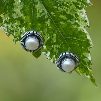 Alternate image for Cultured Pearl Silver Round Stud Earrings from Indonesia Luminous Circle of Life