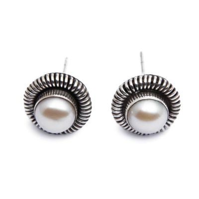 Alternate image for Cultured Pearl Silver Round Stud Earrings from Indonesia Luminous Circle of Life