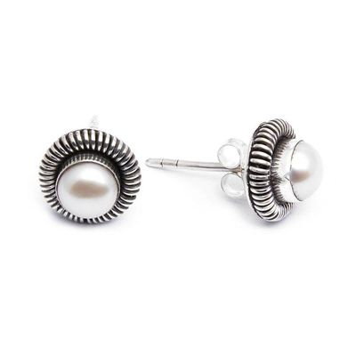 Alternate image for Cultured Pearl Silver Round Stud Earrings from Indonesia Luminous Circle of Life