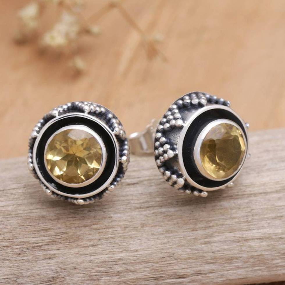 Sterling Silver Button Earrings with Two-Carat Citrine Gems 'Echoes of Success'