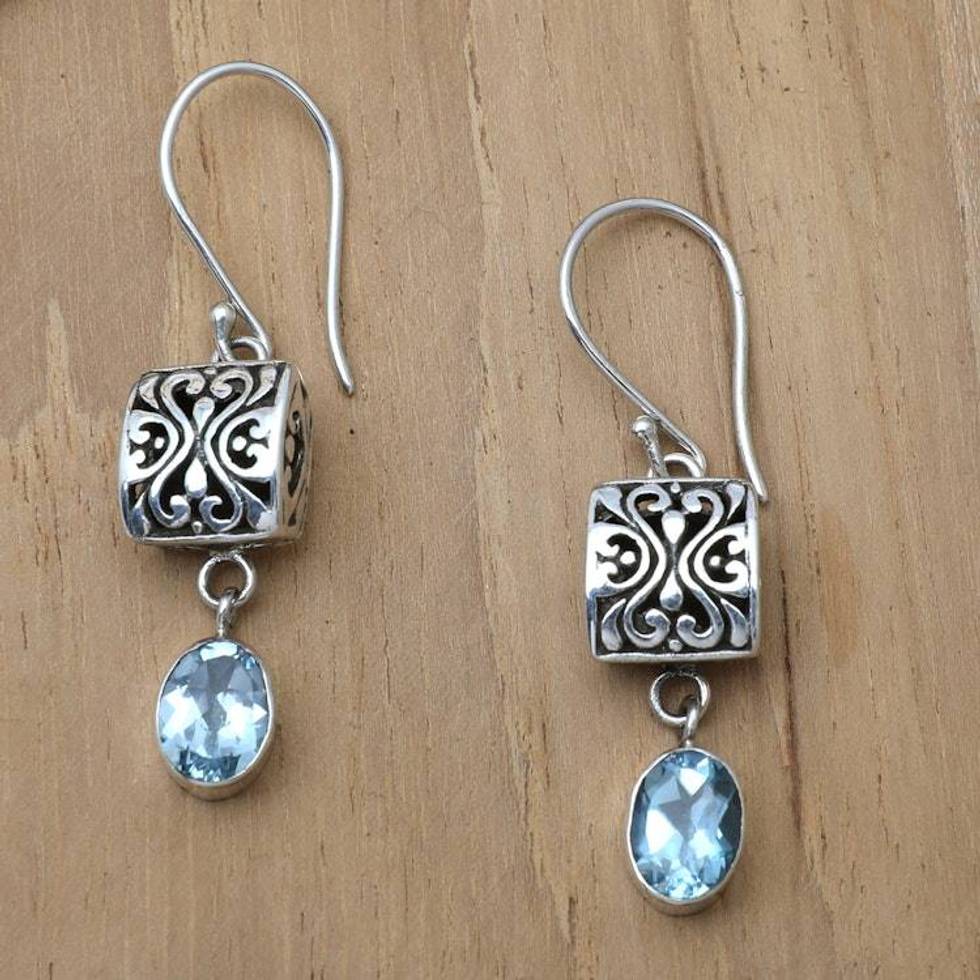 Balinese Folk Art-Themed Faceted Blue Topaz Dangle Earrings 'Peaceful Horizon'