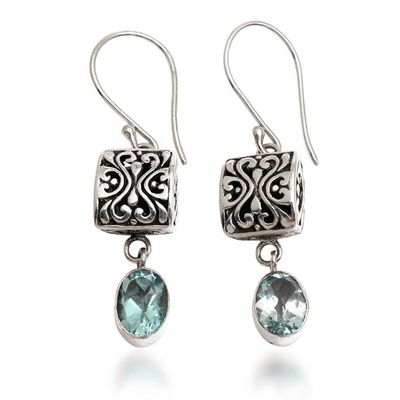 Alternate image for Balinese Folk Art-Themed Faceted Blue Topaz Dangle Earrings Peaceful Horizon