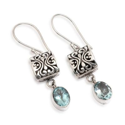 Alternate image for Balinese Folk Art-Themed Faceted Blue Topaz Dangle Earrings Peaceful Horizon