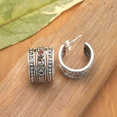 Alternate image for Gold-Accented Silver Garnet Half-Hoop Earrings from Bali Balinese Splendor