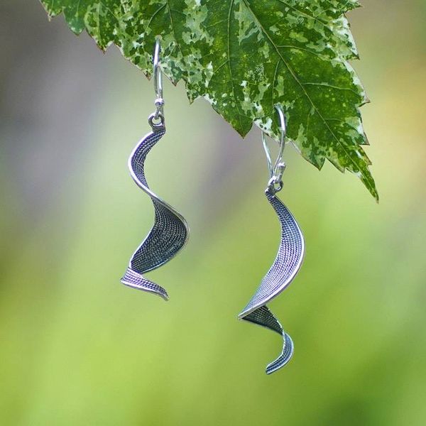 Alternate image for Wavy Curved Modern Textured Sterling Silver Dangle Earrings Flow of Love