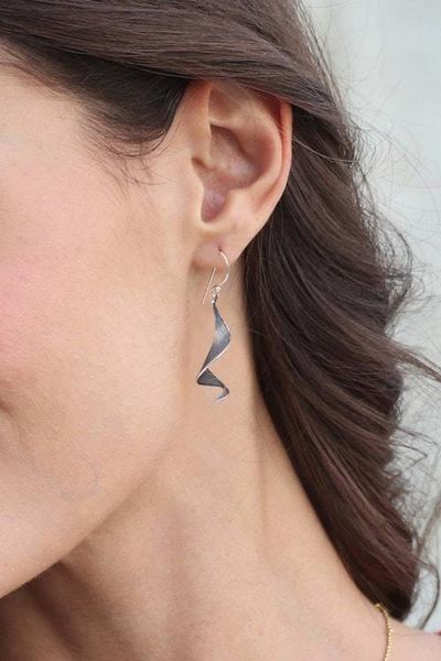 Alternate image for Wavy Curved Modern Textured Sterling Silver Dangle Earrings Flow of Love