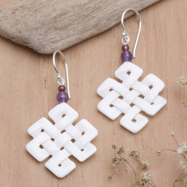 Alternate image for Celtic Trinity Knot Dangle Earrings with Amethyst and Garnet Knot Inspiration