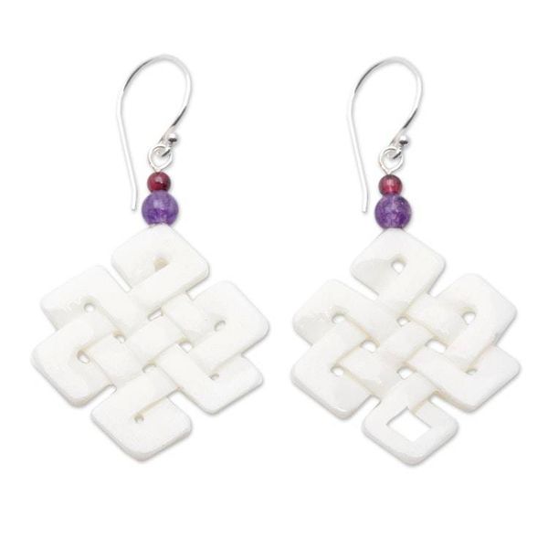 Alternate image for Celtic Trinity Knot Dangle Earrings with Amethyst and Garnet Knot Inspiration