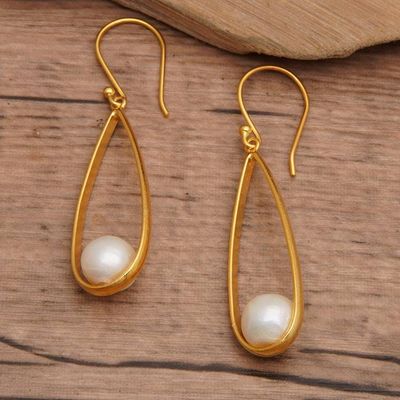 Primary image for Modern Oval Gold-Plated Brass Cultured Pearl Dangle Earrings Trendy Flair