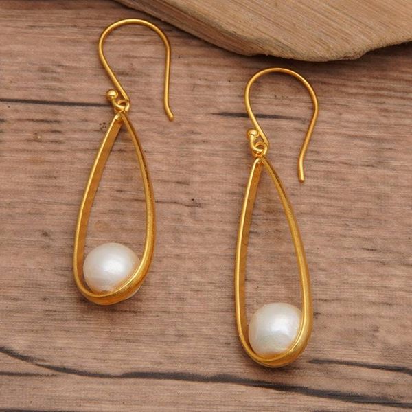 Alternate image for Modern Oval Gold-Plated Brass Cultured Pearl Dangle Earrings Trendy Flair