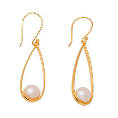 Alternate image for Modern Oval Gold-Plated Brass Cultured Pearl Dangle Earrings Trendy Flair