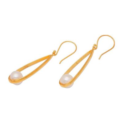 Alternate image for Modern Oval Gold-Plated Brass Cultured Pearl Dangle Earrings Trendy Flair