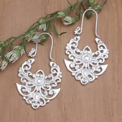 Alternate image for Sterling Silver Hoop Earrings with Openwork Balinese Motifs Angelic Nature