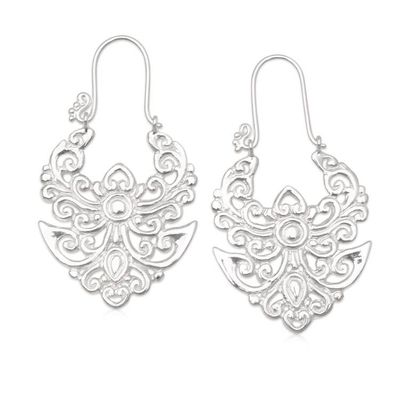 Alternate image for Sterling Silver Hoop Earrings with Openwork Balinese Motifs Angelic Nature