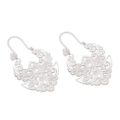 Alternate image for Sterling Silver Hoop Earrings with Openwork Balinese Motifs Angelic Nature