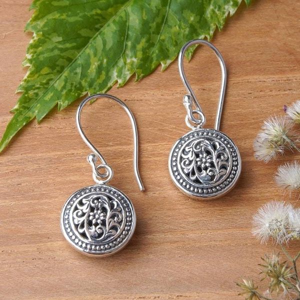 Alternate image for Silver Dangle Earrings with Floral Vine and Dot Accents Heavenly Flower