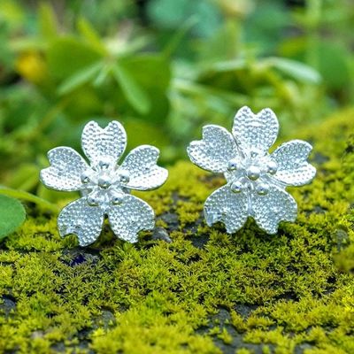 Alternate image for Textured Silver Button Earrings with Cherry Blossom Design Cherry Shine