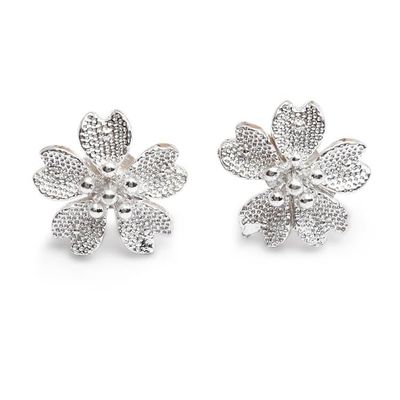 Alternate image for Textured Silver Button Earrings with Cherry Blossom Design Cherry Shine