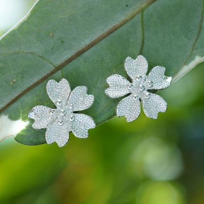Alternate image for Textured Silver Button Earrings with Cherry Blossom Design Cherry Shine