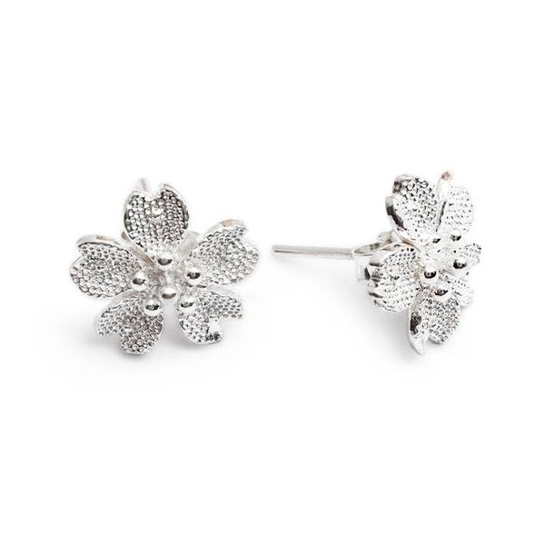 Alternate image for Textured Silver Button Earrings with Cherry Blossom Design Cherry Shine