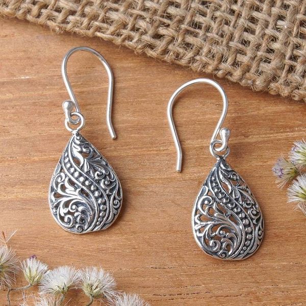 Alternate image for Silver Dangle Earrings with Vine Swirl and Dot Motifs Blossoming Drops