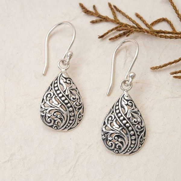 Alternate image for Silver Dangle Earrings with Vine Swirl and Dot Motifs Blossoming Drops