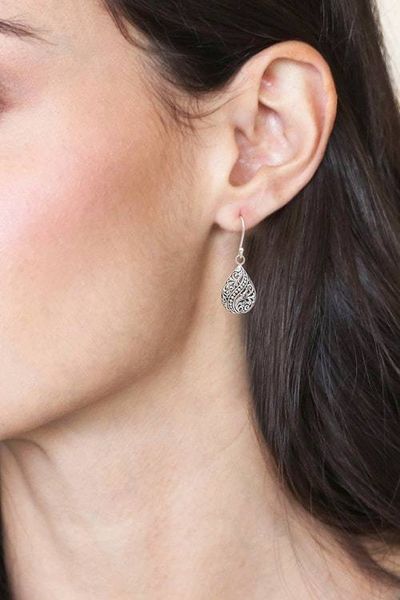 Alternate image for Silver Dangle Earrings with Vine Swirl and Dot Motifs Blossoming Drops