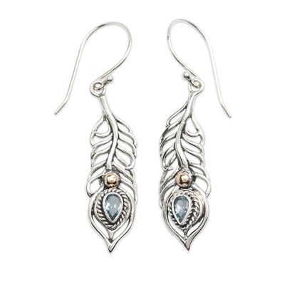Primary image for Peacock Feather Gold-Accented Blue Topaz Silver Earrings Radiant Feathers of the Wise