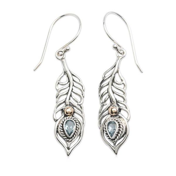 Alternate image for Peacock Feather Gold-Accented Blue Topaz Silver Earrings Radiant Feathers of the Wise