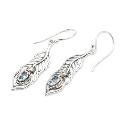 Alternate image for Peacock Feather Gold-Accented Blue Topaz Silver Earrings Radiant Feathers of the Wise
