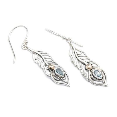 Alternate image for Peacock Feather Gold-Accented Blue Topaz Silver Earrings Radiant Feathers of the Wise
