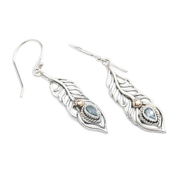 Alternate image for Peacock Feather Gold-Accented Blue Topaz Silver Earrings Radiant Feathers of the Wise