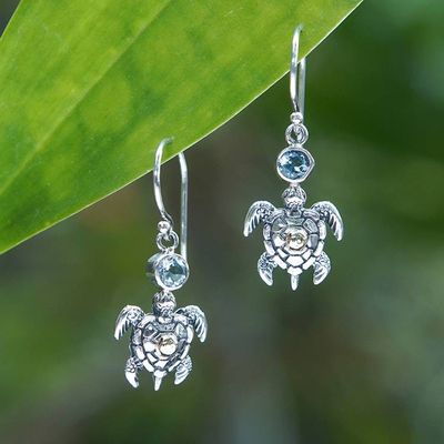 Primary image for 18k Gold-Accented Blue Topaz Sea Turtle Dangle Earrings Serene Baby Turtle