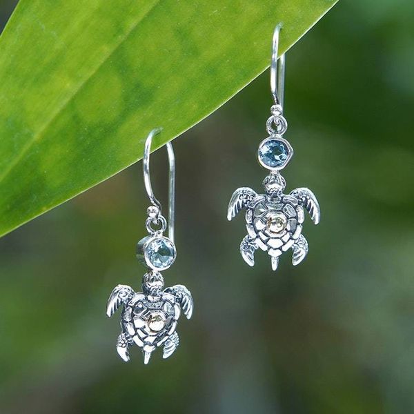 Alternate image for 18k Gold-Accented Blue Topaz Sea Turtle Dangle Earrings Serene Baby Turtle