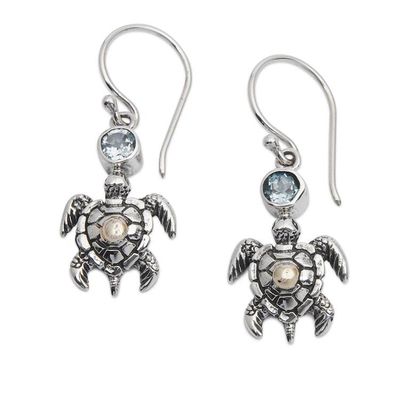 Alternate image for 18k Gold-Accented Blue Topaz Sea Turtle Dangle Earrings Serene Baby Turtle