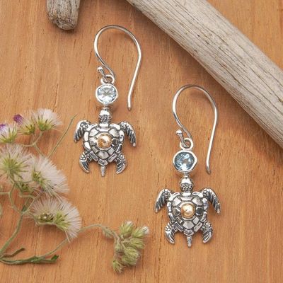 Alternate image for 18k Gold-Accented Blue Topaz Sea Turtle Dangle Earrings Serene Baby Turtle