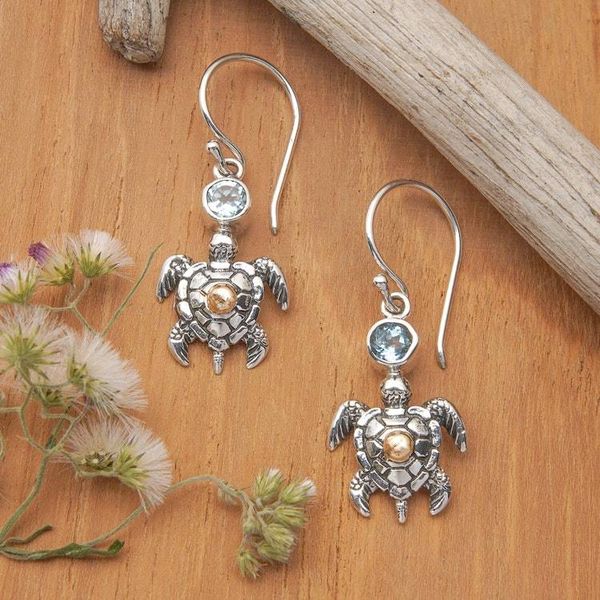 Alternate image for 18k Gold-Accented Blue Topaz Sea Turtle Dangle Earrings Serene Baby Turtle