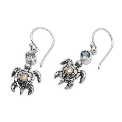 Alternate image for 18k Gold-Accented Blue Topaz Sea Turtle Dangle Earrings Serene Baby Turtle