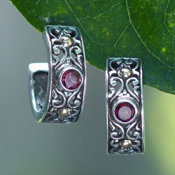 Alternate image for 18k Gold-Accented Silver Half-Hoop Earrings with Garnet Gems Swirling Red