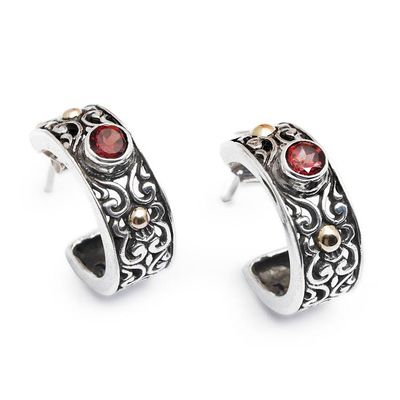 Alternate image for 18k Gold-Accented Silver Half-Hoop Earrings with Garnet Gems Swirling Red