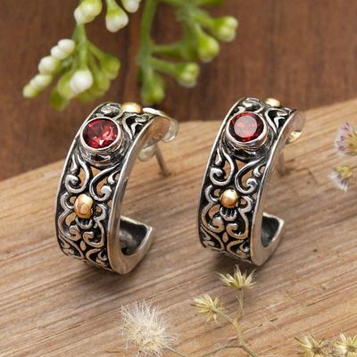 Alternate image for 18k Gold-Accented Silver Half-Hoop Earrings with Garnet Gems Swirling Red