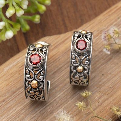 Alternate image for 18k Gold-Accented Silver Half-Hoop Earrings with Garnet Gems Swirling Red