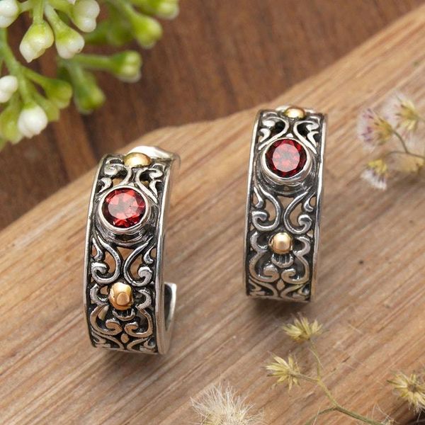 Alternate image for 18k Gold-Accented Silver Half-Hoop Earrings with Garnet Gems Swirling Red