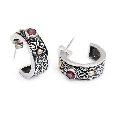 Alternate image for 18k Gold-Accented Silver Half-Hoop Earrings with Garnet Gems Swirling Red