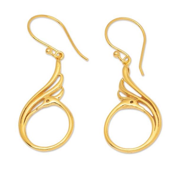 Alternate image for Peacock-Themed 18k Gold-Plated Brass Dangle Earrings Peacock Radiance