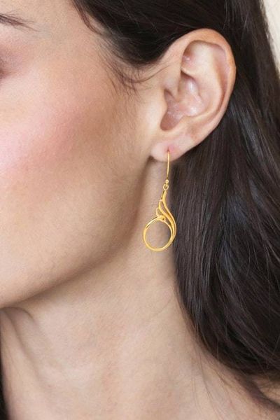 Alternate image for Peacock-Themed 18k Gold-Plated Brass Dangle Earrings Peacock Radiance