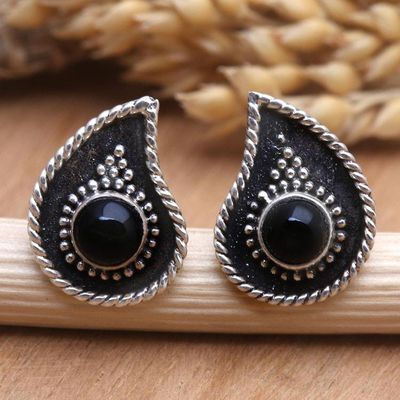 Primary image for Handmade Onyx and Sterling Silver Button Earrings Dark Teardrop