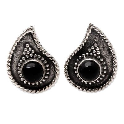 Alternate image for Handmade Onyx and Sterling Silver Button Earrings Dark Teardrop