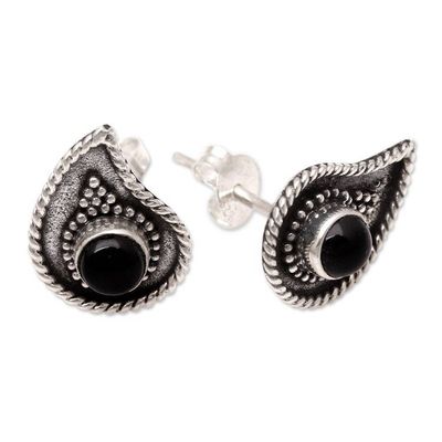 Alternate image for Handmade Onyx and Sterling Silver Button Earrings Dark Teardrop